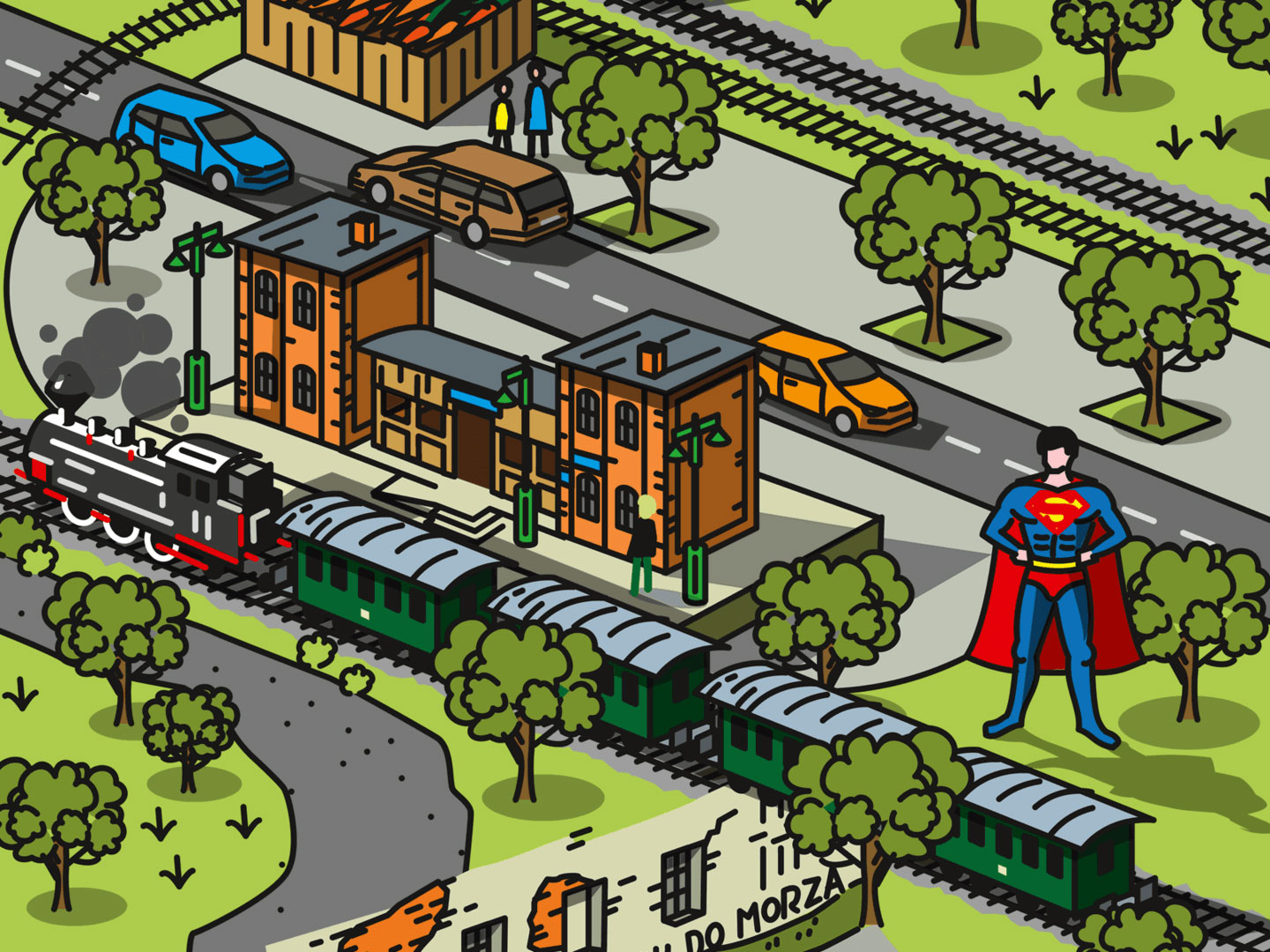 ilustracja przedstawiająca Dworzec w Kolejkowie oraz Supermana